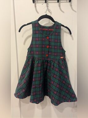 Vintage OshKosh Bgosh Green Plaid Sleeveless Girls Dress with Red Buttons